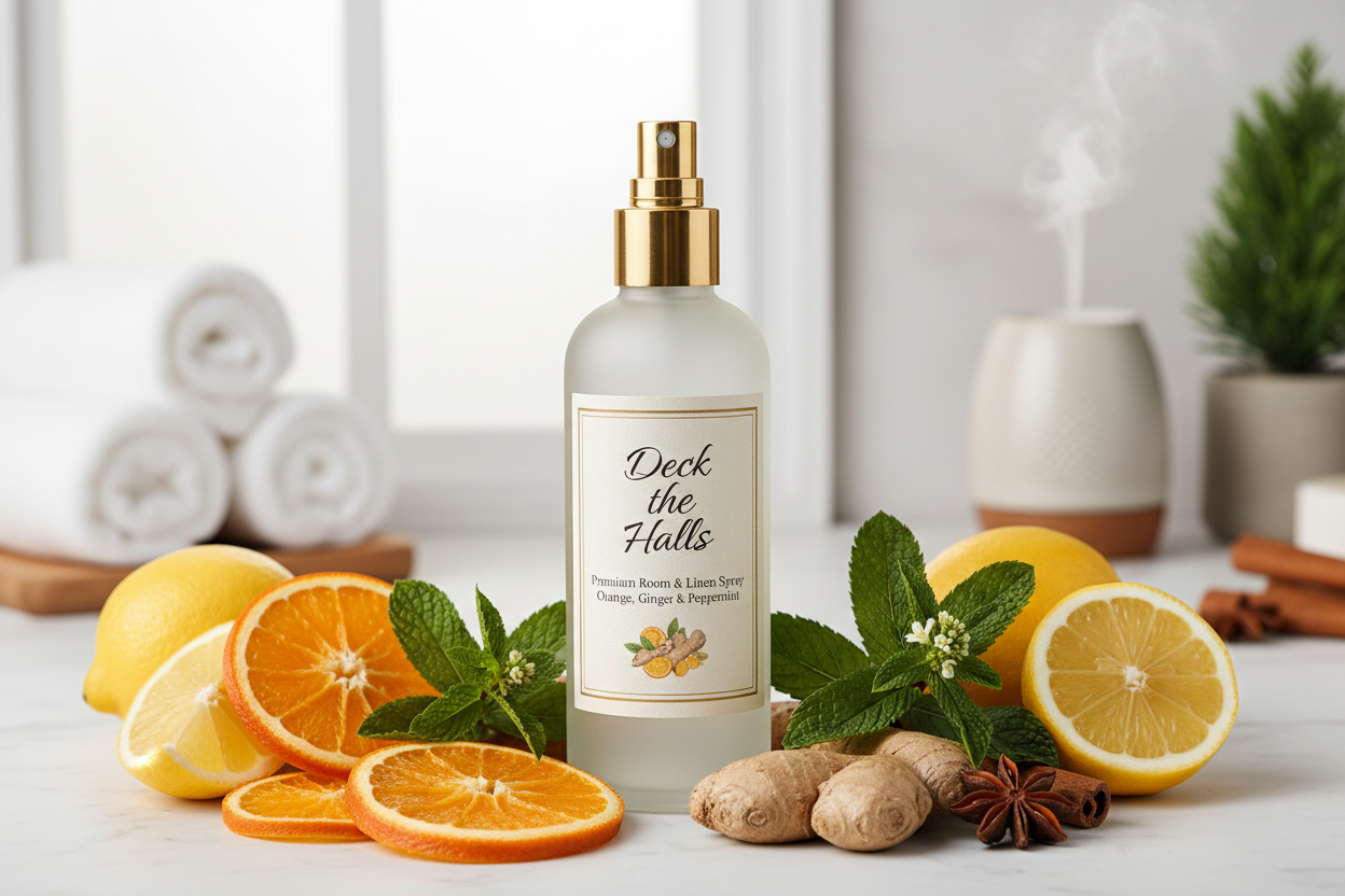 deck the halls room and linen spray orange, ginger, lemon and peppermint