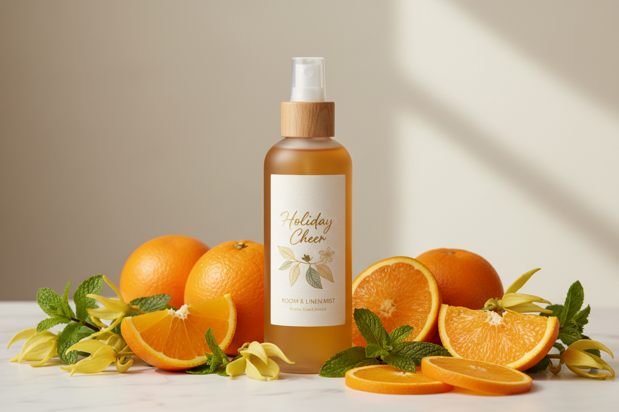 holiday cheer room and linen spray ylang ylang, orange, peppermint