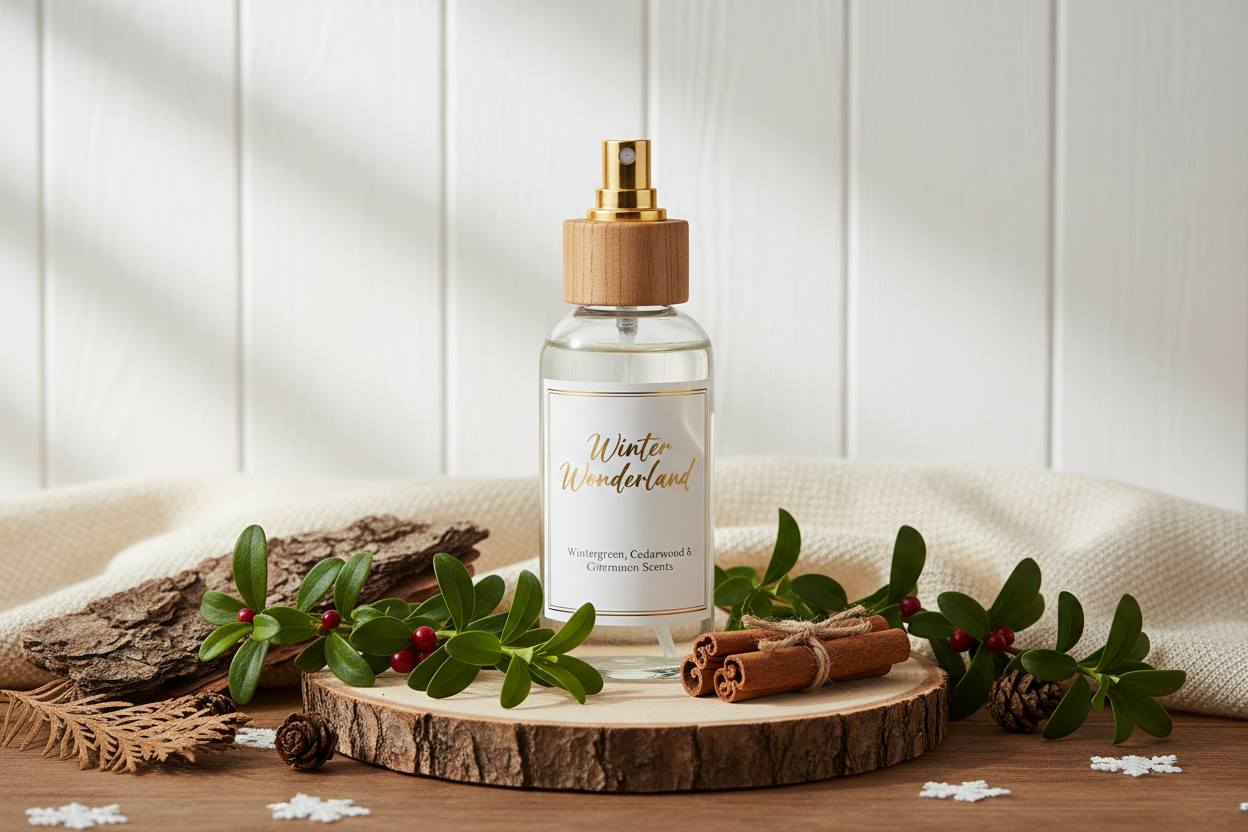 winterwonder land room and linen spray wintergeen, cedarwood, cinnamon 